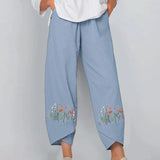 New Floral Print Cotton Linen Pants Fall Summer Loose Irregular Elastic Waist Wide Leg Pant Casual Elegant Pocket