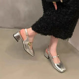 Silver Mary Jane Shoes Women's Shoes 2024 New Summer Temperament Thick Heel Square Head Shallow One Word With Single