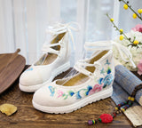 Breakj White Sole Embroidered Cloth Shoes High Heel Slope Canvas Embroidered Women's Singles Shoes Lace Retro National Style Cloth