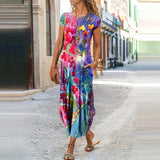 Summer Fashion O Neck Floral Print Pocket A-line Dress Casual Short Sleeves Patchwork Retro Slim Dresses Elegant