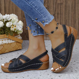 New Summer Women's Slope Heel Sandals Thick-Soled Buckle Sandals Round Head Solid Color Slope Heel