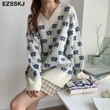 blue floral Sweater Pullovers Women winter autumn thick v-neck chic 2021 sweater long sleeve sweater