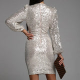 Spring Popular V Neck Glitter Sequin Party Dress Spring Autumn Lady Popular Fashion Dresses Women Elegant Bodycon Bag Hip