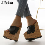 Rivet Peep Toe Platform Wedge Slippers Black Summer Shoes Woman Sexy Super High Sandal Slippers Black 35-42