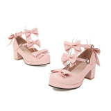 Women's Kawaii Sweet Bow Cosplay Dress Shoes Chunky Platform Mid Block Heels Buckle Ankle Strap Mary Jane Pumps Pink Black