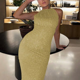 Ladies Elegant Solid Long Wrap Hip Dress Spring Fashion Sequin Sparkling Party Dress Women Sexy Slim O Neck Sleeveless Mini