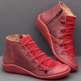 2022 New Women's Casual Flat Leather Retro Lace-up Boots Side Zipper Round Toe Shoe Leather Ankle Boots Zapatos Mujer Wram
