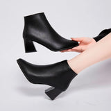 New Fashion Leather Ankle Boots Women Thick High Heels Zipper Pointed Toe Autumn Winter Woman Shoes Square Heel White