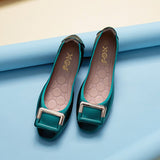 Autumn Women Soft ballet Flat Shoes PU Leather Square Buckle Womens Foldable Loafers Woman Green