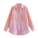 Chic Pockets Striped Patchwork Blouse Women 2021 Fashion Lapel Collar Long Sleeve Shirts Female Casual