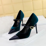 Breakj Banquet High Heels Fine Heel Shallow Pointed Top Xishi Suede Stitching Pointed Metal Buckle One Word Strip Single