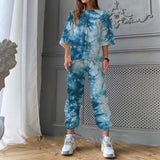 Spring Summer New Women O Neck Print Fashion Casual Set Elegant Mid Sleeves Long Pants Loose Pullover Soft Streetwear