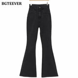 New Autumn Winter Stylish Women Flare Jeans High Waist Button Ladies Pant Stretched Casual Female Denim Trousers
