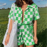 Casual Knit Lounge Wear Women Tracksuit Summer Shorts Set Green Plaid Shirt Tops And Mini Loose Shorts Two Piece
