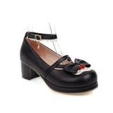 Japanese Girls Lolita Shoes Women Sweet Cherry Bow-knot JK Style Kawaii Princess Cosplay Party Wear Pumps Round Head PU