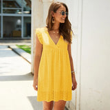 Casual V Neck Solid Cotton Dress Butterfly Short Sleeve Loose Lace Dress Summer Lady Elegant Mini Dresses Vestidos
