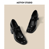 New Mary Jane Shoes Female Retro English Style Hepburn Black High Heel One-Word Buckle Thick Heeled Square Head Single Shoe