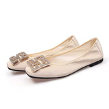 Spring Ballet Flats Shoes Women Soft PU Leather Crystal Slip On Boat Shoes Fashion Square Toe Rhinestone Ballerinas