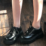 Janes Shoes For Women Fashion British Platform Ladies Pumps Lace Up PU Leather Shallow Leather Black Shoes Zapatillas