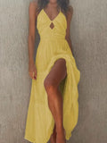2022 Fashion Solid Sling Long Paert Dress Office Sexy Off Shoulder Hollow Slim Waist Beach Dress Elegant Casual Women's