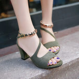 summer sexy fish mouth hollow Roman sandals thick with word with beaded high heels female summer Sexy female