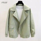 New Spring Faux Leather Pu Jacket Women Loose BF Coat Female Turndown Collar Moto Biker Rivet Zipper Vintage Street
