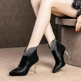 Pattern Embossed Leather Boots Woman Ankle Boots Plating Heel Rhinestone Women's Winter Shoes 2020 Female Footware