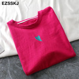 summer Women basic heart embroidery T-shirt Casual Loose short sleeve bottom candy color cotton T-shirt Female