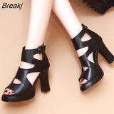 Soft Leather Peep Toe Roman Shoes 2023 New Hollow Women's Sandals Chunky Heel Platform All-Match High Heels Sandals