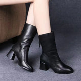 Breakj Women's Shoes Fashion Classic Versatile Thick Heel Medium Boots Leather Boots High Heel Women's Boots