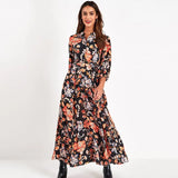 Vintage Floral Print Maxi Dress Women Boho Three Quarter Sleeve Long Dress Turn Down Collar Casual Shirt Dresses