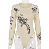 Puss Print O-Neck Autumn Bodysuits Fitness Skinny Long Sleeve Stretch Bodycon Casual Wild Basic Streetwear Sporty Slim