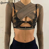 Puss Women y2k Hollow Out Sexy Cross t-Shirt Long Sleeve Backless Stretchy Party Top 2021 Spring Fashion Club