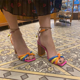 Breakj Roman Style Female High-Heeled Toe With Hollow Colored Sandals Square Thick Heel