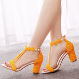 Breakj Cm Light Mouth With Beaded Square Sandals White Lace Beaded Bride Wedding Shoes Coarse Sandals
