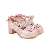 Cross Strap Women High Heels Mary Jane Pumps Party Wedding Cosplay White Pink Black Ruffles Bow Princess Cosplay Lolita