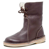 2022 Women Winter Mid Calf Boots Leather Snow Boots Lace Up Plush Fur Warm Slip-on Ladies Shoes Square Heel Short
