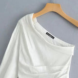 Women Pleated Shirt Casual White Long Sleeve Blouse Summer Style Skew Collar Chic Tops Streetwear Chemise