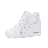 White Shoes Breathable Mesh Chunky Platform Sneakers Summer Ladies Lace Floral Hollow Out Wedge Heels Casual Footwear