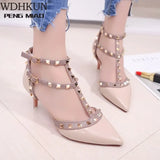 Women's Shoes 2019 Summer Pointed High-heeled Stiletto Patent Leather Rivet Single Shoes Was Thin Buckle Women's