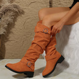 Breakj And Winter New Folded Flat Bottom Western Cowboy Boots Buckle Boots Coarse And Thin Barrel Knight