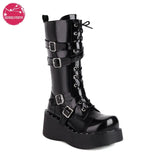 Womens Wedge Platform Mid-Calf Boots Chunky High Heel Side Zip Lace Up Motorcycle Riding Boots Combat Boots For Girls