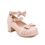 Lolita Girls Mary Janes Shoes Bowknot Princess Ruffles Japan Sweet Bride Wedding Party Dress Pumps Cosplay Pink Plus Size