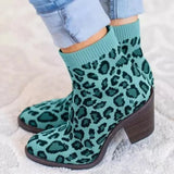 Leopard Ankle Boot Knitting Woman Sock Boots Fashion Autumn Female Block Chunky Heels Comfortable Ladies Short