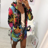 Spring Autumn Fashion Women Zipper Pocket Print Fleece Sweatshirts Casual Long Sleeves Hooded Collor Streetwear Warm