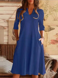 New Summer Commuter Women Dress A-line Skirt Solid Cotton Linen Pocket Mid Sleeve Holiday Dress 2022 Elegant V-Neck Loose