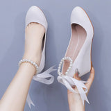 Breakj Cm White Beads Thick Bottom Heels Mary Jane's Shallow Mouth Single Shoe Ribbon Thin Wedding Dress High