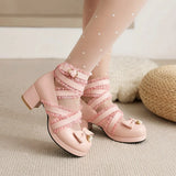 Cross Strap Women Chuncky High Heels Mary Jane Shoes Party Wedding Cosplay White Pink Ruffles Bow Princess Lolita Pumps