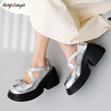 High Heels Platform Pumps Women 2023 Autumn Bowtie Crossed Straps Mary Jane Shoes Woman Pu Leather Thick Heeled Jk