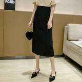2021 New Spring Summer Women High Waist Solid Color Medium Long Skirt Casual Female Slim Fit OL Style Split Black